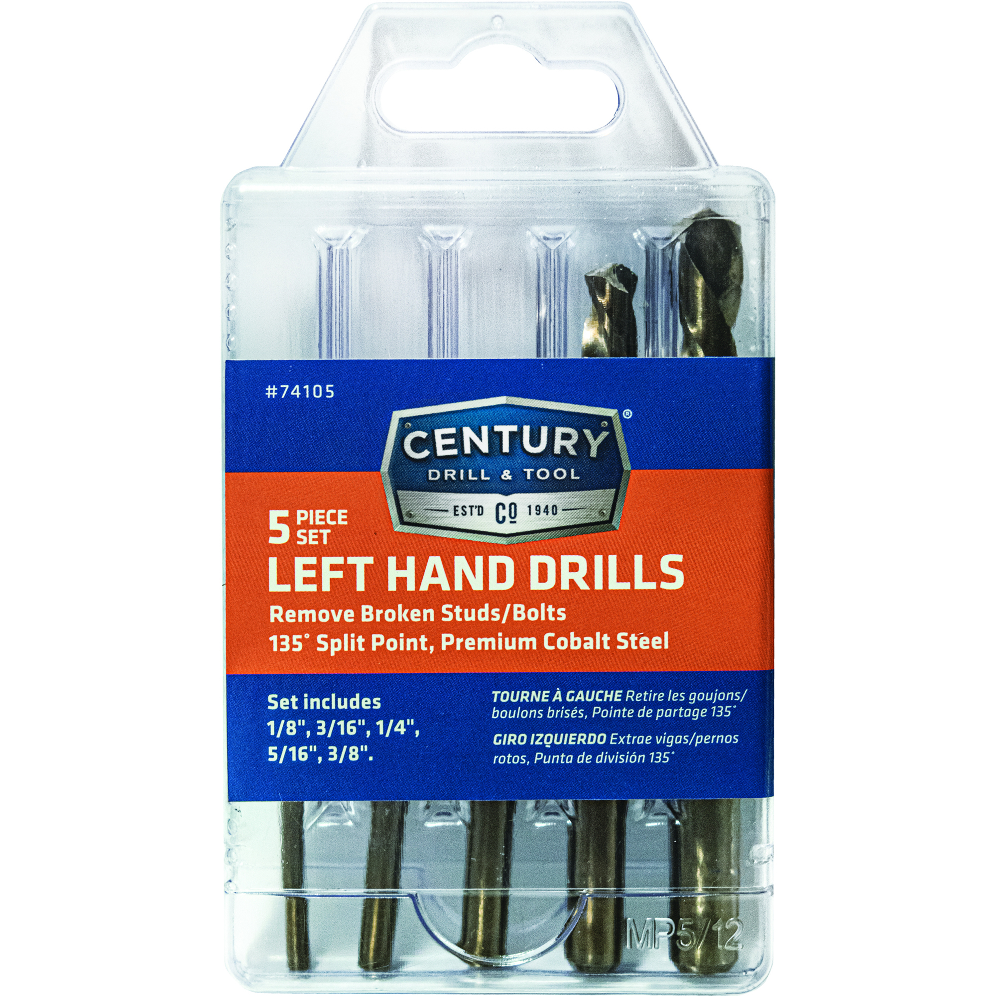 Century Drill & Tool Co. Inc., 5 PIECE COBALT LEFT HAND STUB DRILL BIT SET, Included (qty.) 5 Model# 74105
